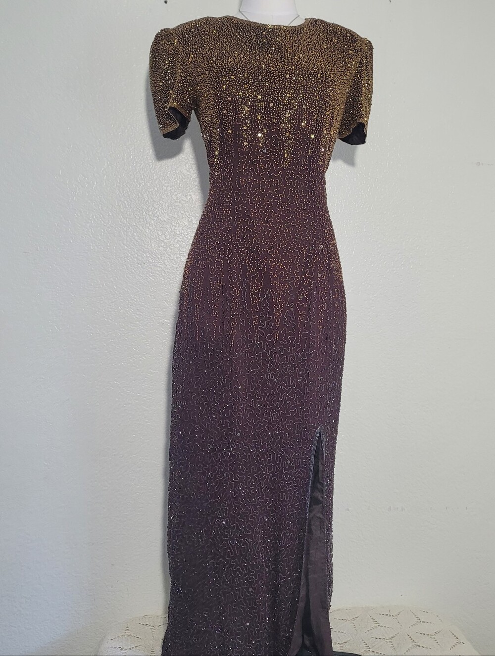 Vintage Stenay 100% Silk Beaded  Brown Maxi Evening Cocktail Gown No Size Tag